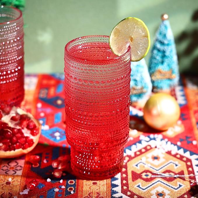 Large Capacity 16 oz Hobnail Drinking Glasses Set of 6, Vintage Glassware Drinking Glasses, Gradual Red Water Glasses Tumbler, Christmas Gifts for Women