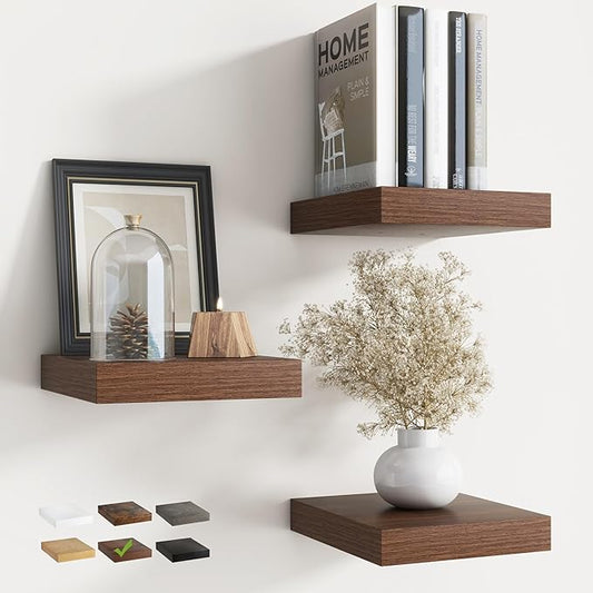 Floating Shelves for Wall with Invisible Brackets, Wall Mounted Engineered Wood Shelves with Wood Grain for Living Room, Bedroom, Bathroom, Kitchen Decor and Storage, Oak, 8"L Set of 3, Walnut