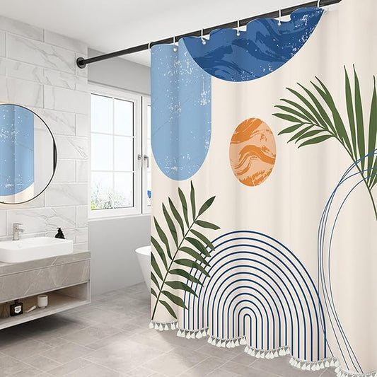 Boho Mid Century Leaf Shower Curtain Set,Arch Sun Design,Minimalistic Leaves Pattern,Waterproof and Luxurious Fabric-12 Hooks(Light Blue-72" x 84")