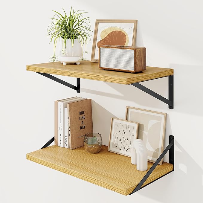 Floating Shelves, 12 Inch Deep Rustic Wood Wall Storage, 24W x 12D Wall Shelves Set of 2, Heavy Duty Metal Brackets, Large Industrial Book Shelf for Living Room, Kitchen, Bedroom, Oak