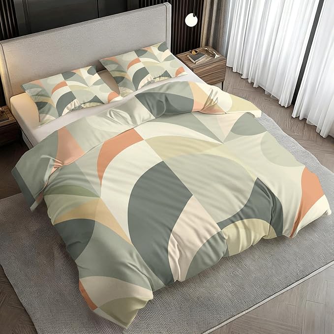Sage Green Geometric Duvet Cover Twin Size, Boho Abstract Bedding Set 2 pcs with 1 Pillow Cover, Mid Century Modern Bedroom Decor, Soft Microfiber Reversible, Zipper & Ties KJJT 109