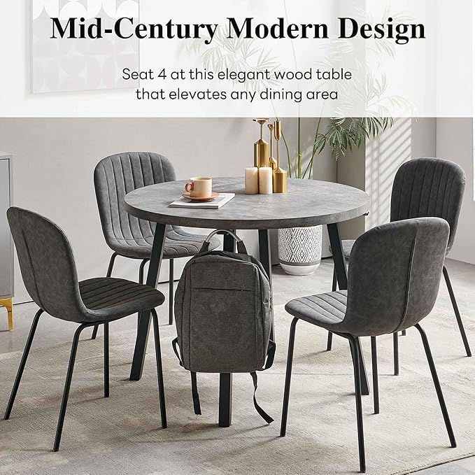 NORDICANA 4-Person Round Dining Table Set, 5 Piece 37.4 Dia Grey Kitchen Table with Dining Chairs, Dark Gray Faux Leather