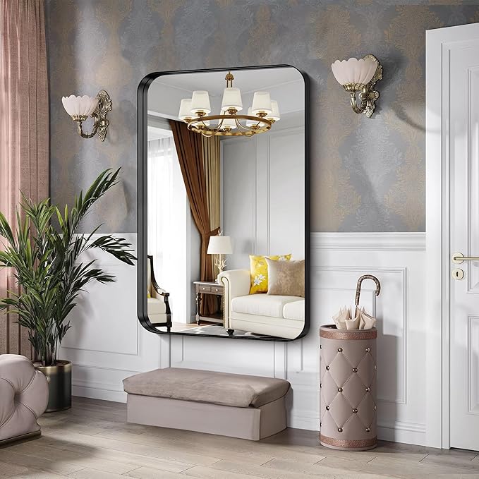 CIRCUMI Black Bathroom Mirror, 36"x55" Rectangular Mirror with Deep Metal Frame, Rounded Corner, Tempered Glass, Large Mirror for Wall, Over 2 Sinks, Installed Vertically/Horizontally, Crystal-Clear