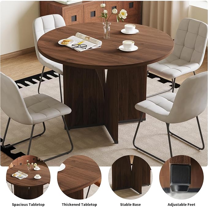 HIPIHOM Modern Round Dining Table Set for 4, 39.4" Walnut Kitchen Table with 4 PU Leather Chairs, 5-Piece Mid-Century Dining Room Set for Small Spaces, Pedestal Base