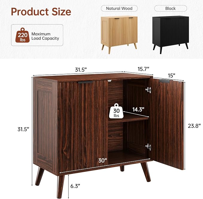 Walnut Sideboard Buffet Cabinet with Storage, 2 Doors Modern Fluted Buffet Cabinet for Living Room, Accent Credenza with Adjustable Shelves Entryway Storage Cabinets for Kitchen, Entryway