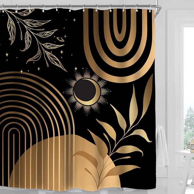 Miyotaa Black Abstract Modern Shower Curtain Set 60Wx71H Inches Minimalist Geometric Plant Leaves Metallic Gold (No Glitter) Polyester Waterproof Cloth Bathroom Curtain with 12 Hooks