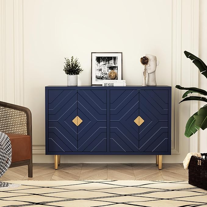 HLR 48" Accent Cabinet with 4 Doors and Shelves, Modern Sideboard Buffet Cabinet with Decorative Embossed Pattern Doors, Credenza Storage Cabinet for Living Room, Kitchen, Dining Room, Hallway