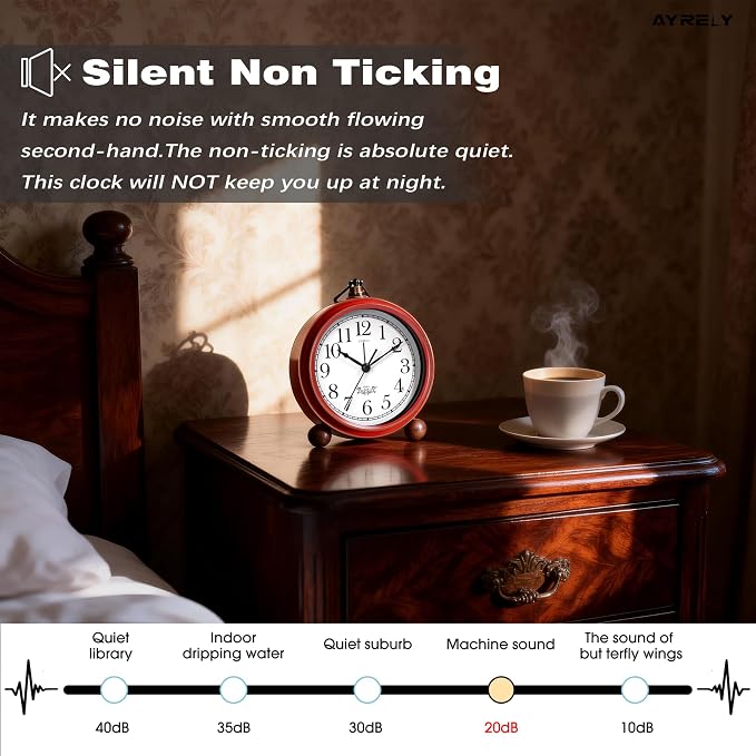 AYRELY® 5.3" Vintage Analog Alarm Clock, Battery Operated Metal Desk Clock, Retro Table Clock with Light for Living Rooms, Bedrooms, Shelf, Home Decor (Red-White)