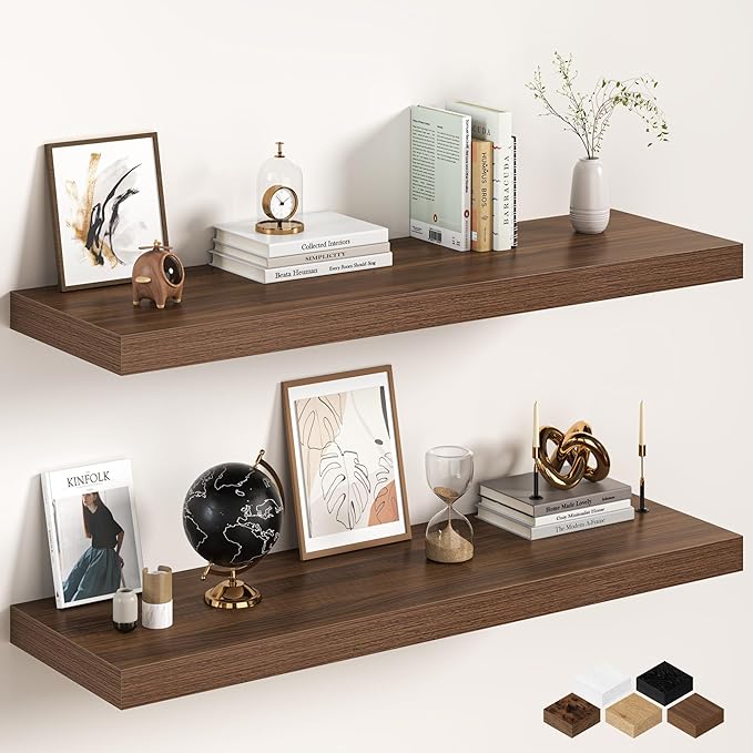 Walnut Floating Shelves 48Inch Long, 12 Inch Deep Floating Shelves for Wall, 48 x 12 Large Floating Shelf for Fireplace Mantel, 2" Thicked Rustic Wall Shelves for Living Room, Bedroom Storage, 2 Packs
