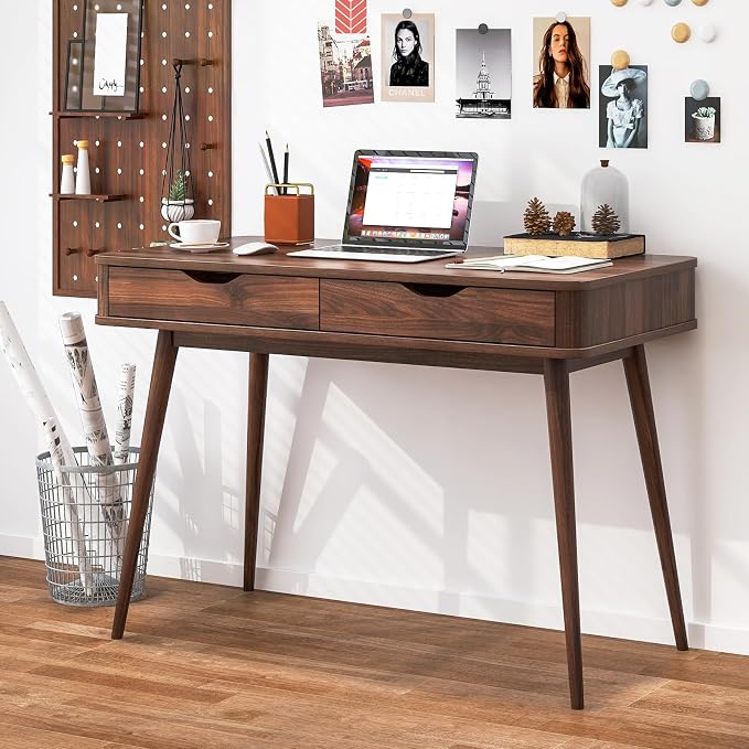 POWERSTONE Mid Century Office Desk with 2 Drawers - Vintage Writing Desk Computer Workstation with Sturdy Rubberwood Legs & Spacious 43.5" Desktop for Home Office Bedroom (Walnut)