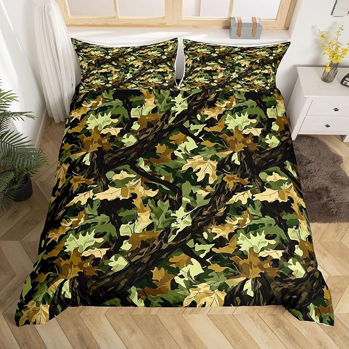 Erosebridal Natural Green Duvet Cover Set Rustic Western Camo Tree King Bedding Set for Adult Men | Botanical Leaf Plant Comforter Cover Hunting Farmhouse Bed Sets, Room Decor Aesthetic