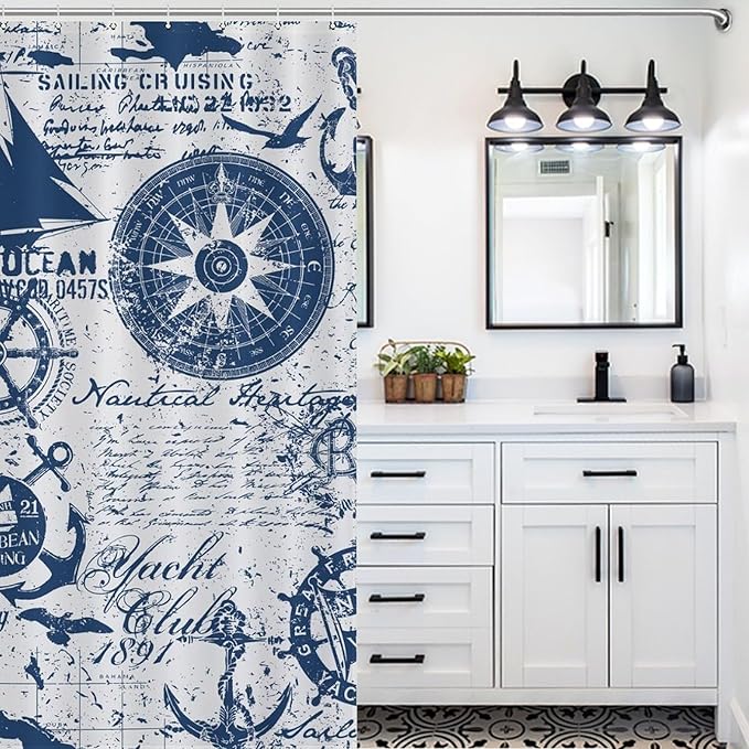 Nautical Map Shower Curtain,Lighthouse Sailboat Compass Anchor Coastal Shower Curtain for Bathroom Polyester Fabric Ocean Themed Bathroom Decor Set with Hooks,72x78Inch