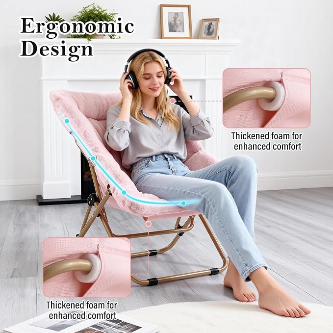Furlide Modern Pink Faux Fur Foldable Metal Frame Recliner Chair for Bedroom, Living Room, Balcony