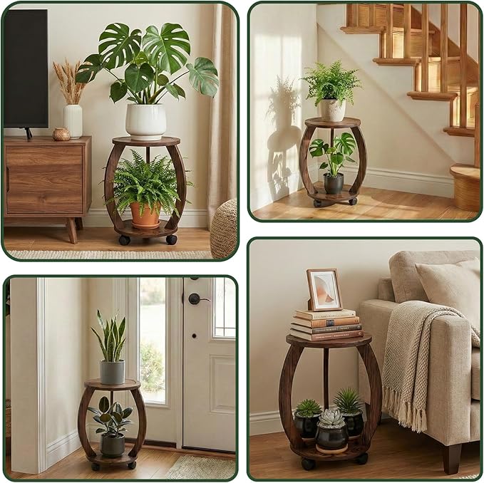2 Tier Wooden Plant Stand Indoor with Wheels – Tall Plant Stand for 6-12 Inch Pots, Mid-Century Modern Rustic Plant Table Indoor, Pedestal Stand for Corner, Living Room, Balcony