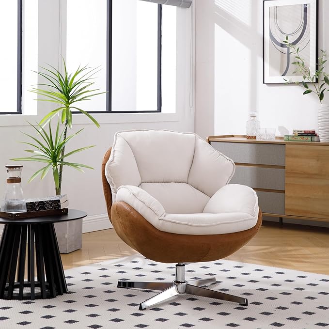 Swivel Accent Chair, Chenille Upholstered Modern Living Room Chair with Backrest 360 Degree Metal Base Armless Reading Chair for Bedroom, Beige