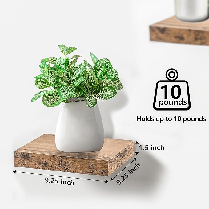 Sorbus 9X9 Inch Floating Shelves for Wall – Square Floating Shelf with Invisible Mounting Bracket for Kitchen, Bedroom, Living Room & Bathroom Decor – Rustic Showcase Wall Shelf (Mahogany, 3 Pack)