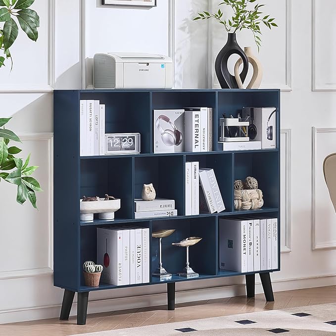 LEYAOYAO 10 Cube Bookshelf,3 Tier Modern Wide Bookcase with Legs,Mid-Century Wood Bookshelves Storage，Dark Blue Large Book Case,Freestanding Organizer Display Shelf for Bedroom,Living Room,Office
