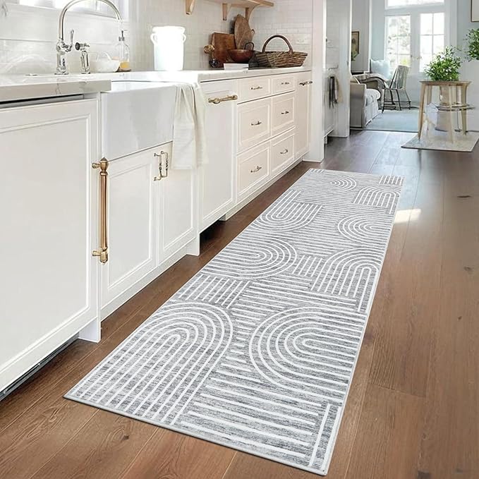 Modern Rug 2x6 Runners for Hallways, Abstract Kitchen Runner Rugs Non Slip Bath Runner, Rainbow Washable Runner Rug for Bedroom, Soft Long Rugs for Entryway Bathroom Laundry Dorm, Ash