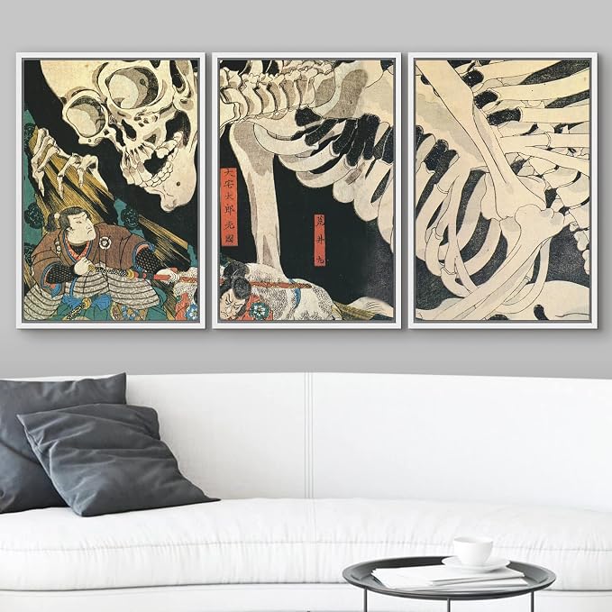 wall26 Framed Wall Art Print Set Witch & Skeleton Ukiyo-E by Utagawa Takiyasha Historic Cultural Illustrations Fine Art Chic Scenic Multicolor for Living Room, Bedroom, Office - 16"x24"x3 White