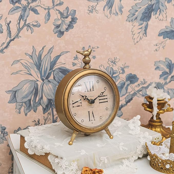 NIKKY HOME Vintage Table Clock with Bird, Decorative Desk Metal Table Clocks Rustic Mantel Clock Non-Ticking, Metal Frame with Antique Gold Finish