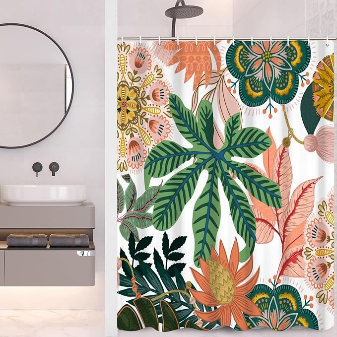 Boho Floral Bathroom Shower Curtain - Tropical Green Leaves, Pink Flowers - Waterproof Polyester Fabric - Mid Century Modern Home Decorative, 72x84 Inch