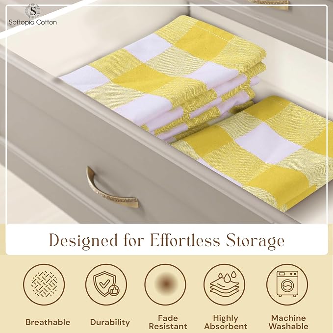 Buffalo Check Kitchen Towels, 16x26 Inches, 4 Pack Plaid Tea Towels, Reusable Cotton Dish Cloths, Quick Drying, Absorbent Towel for Cooking, Drying Dishes, Lemon Yellow and White