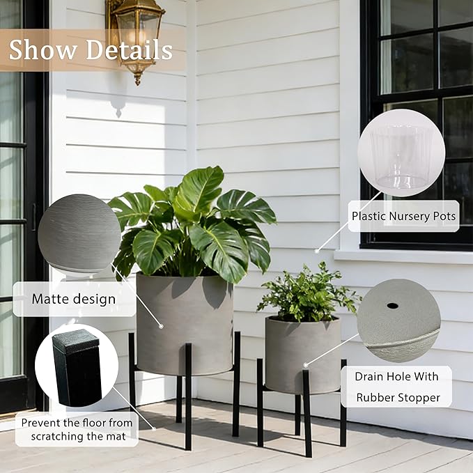 ARNIS Modern Plant Pots, Set of 2 Large Planters with Stand, Decorative Planters, Metal Pots with Drainage Holes for Living Room, Office, Garden or Balcony, 8.25 &10.5 Inch, Grey