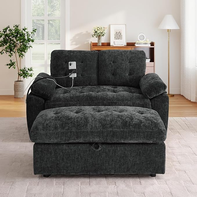 Oversized Chaise Lounge Chair Indoor with Ottoman&Adjustable Backrest,Chenille Tufted Recliner Comfy Loveseat Sofa Chair with USB&Phone Holder,Convertible Sleeper Couch Bed for Living Room(56"W,Black)