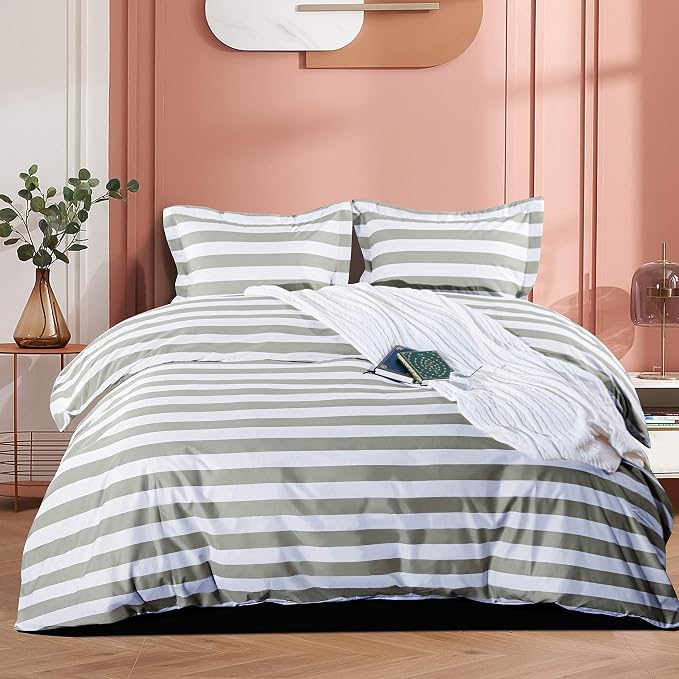 NTBAY 2 Pieces 100% Brushed Microfiber Striped Duvet Cover Set for Kids, Super Soft Smoke Grey and White Reversible Design Zipper Comforter Cover with Ties and Pillow Sham (Twin/Twin XL, Stripe)