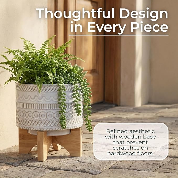 Embossed Ceramic Planters with Wood Stand for Flower Pots Home Decor Pots for Entryway, Tabletop, and Garden - Small Raised Container with Stand for Indoor and Outdoor Plants - 8", Ivory & Tan