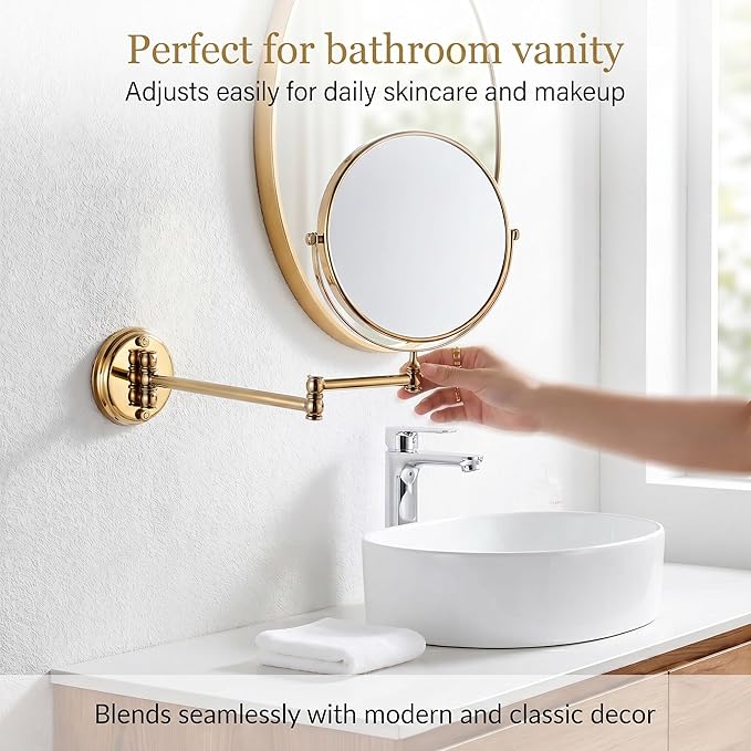 7Trees 8-Inch Retro Bathroom Folding Wall Mount Make-Up Mirror Flip Telescopic Beauty Mirror (Gold)