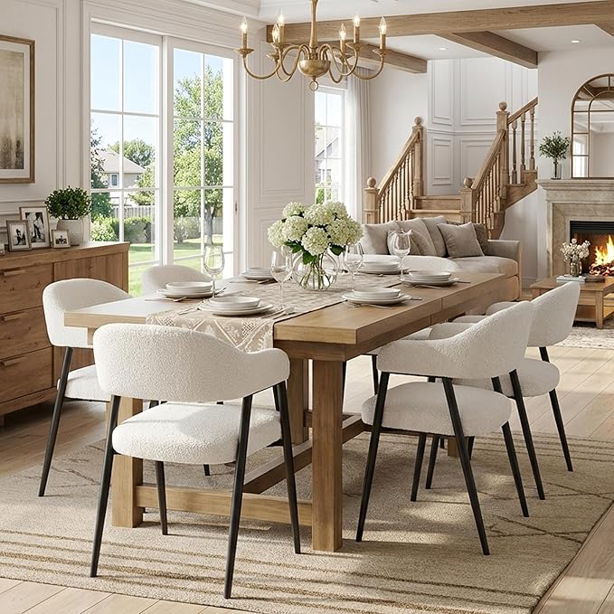 HNY Modern Dining Room Arm Chairs Set of 6, Faux Sherpa Boucle Upholstered Barrel Dining Chairs with Arms Mid-Century White Accent Chair with Metal Legs, Open-Back Kitchen Side Chair for Living Room