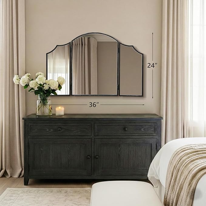 Besdomus Black Scalloped Dresser Mirror: 36"x24" Large Modern 3 Way Trifold Vanity Miror - Minimalist Wood Frame Three Sided for Bedroom/Cloakroom/Dressing Room - Home Decor for Housewife