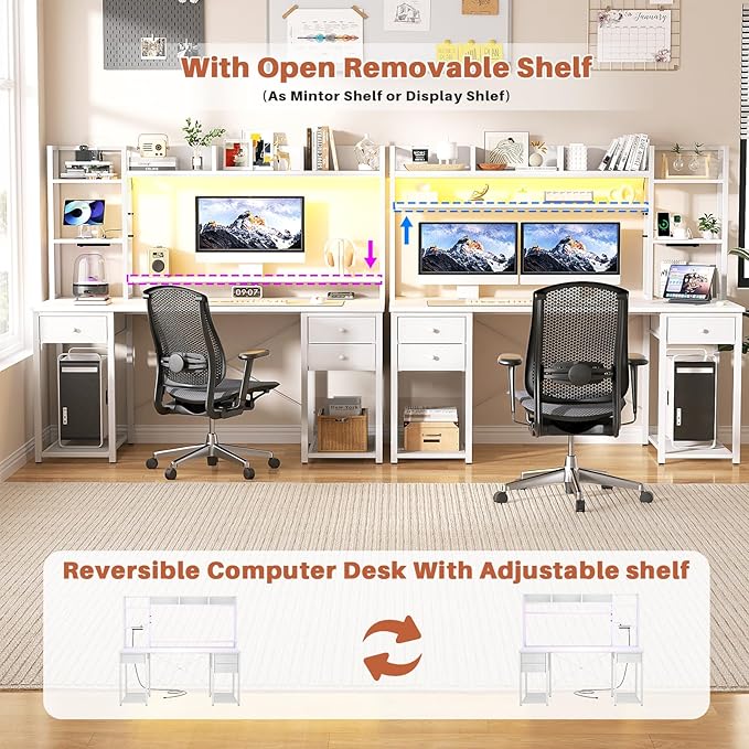 Aheaplus Desk with LED and Outlets, Gaming Desk with Hutch, 55.2'' Computer Desk with Drawers, Reversible Office Desk with Storage Bookshelf Large Workstation Desks with Shelf, Desk for Home, White