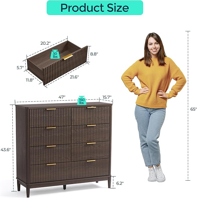 LINSY Fluted 8 Drawer Dresser for Bedroom, 47" Wide Mid-Century Modern Tall Chest of Drawers, Deep Storage Dresser with Curved Corner Design, Large Accent Wood Cabinet for Bedroom, Walnut