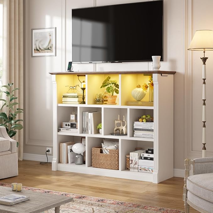 EnHomee 10 Cube Storage Organizer, Bookshelf with LED Light and Charging Station, 3 Tier Display Shelf,Stprage Bookcase for Living Room, Home Office, Warm White