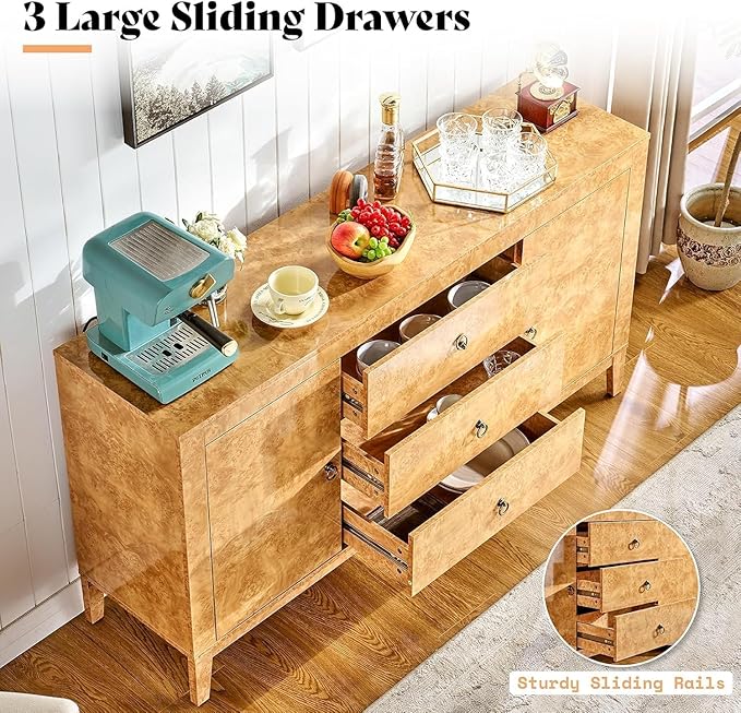 AMERLIFE 60" High Gloss Burl Buffet Sideboard Storage Cabinet, Large Wood Sideboard with Drawers, Retro Handles, Heavy Duty Coffee Wine Bar Buffet Table for Dining Room, Living Room, Yellow