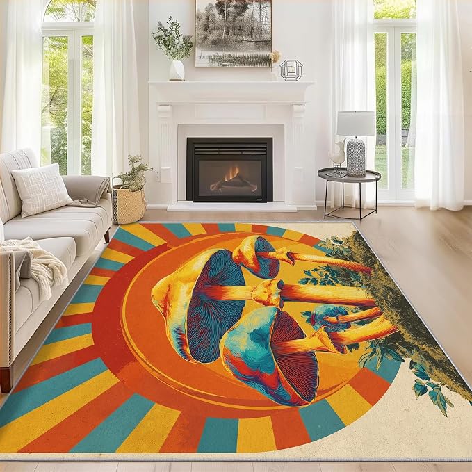 Mushroom Rugs for Home Decor, 8x10 ft, Mid Century Boho Sun Area Rugs for Living Room, Soft Non Slip Washable Retro Trippy Mushroom Carpet Bedroom Decorations Dt-Ghf-69