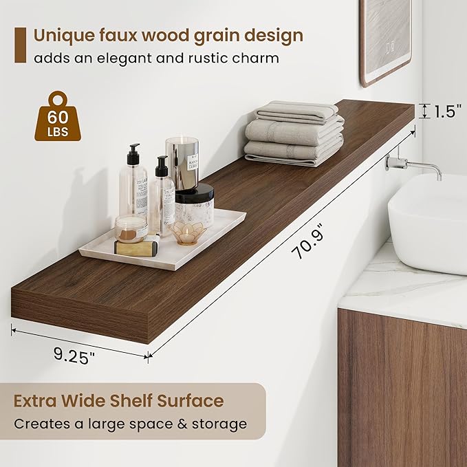 72in Floating Shelves for Wall, 72"W x 9.25"D x 1.5"H, Long Wall Mounted Engineered Wood Shelves with Invisible Brackets for Living Room, Bedroom, Bathroom, Kitchen Decor and Storage, Walnut