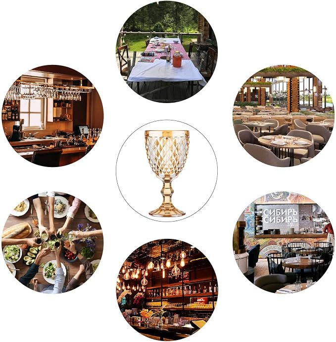 24 Pcs Vintage Wine Glasses, 10 Ounce Colored Glass Water Goblets, Unique Embossed Pattern High Clear Stemmed Glassware Wedding Party Bar Glass Drinking Cups, Diamond Amber Glasses Set of 24