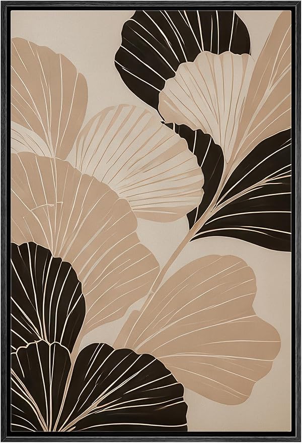 Woodrose Framed Canvas Print Wall Art Ginkgo Leaves Monochrome Nature Abstract Illustrations Modern Art Minimalist 3D Colorful Ultra for Living Room, Bedroom, Office - 16"x24" BLACK