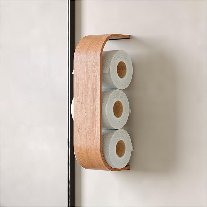 Toilet Paper Holder, Wooden Shelf, Walnut WC Roll Storage, Wall Mount Floating Rolls Rack, Unique Holders for Bathroom, TP Organizer (Cherry, Thin)