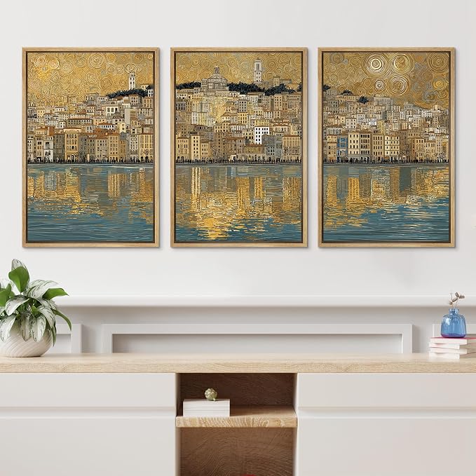 wall26 Framed Print Wall Art Set Golden Cityscape Reflection Gustav Klimt Inspired Coastal TownDecorative Minimal Relax/Zen for Living Room, Bedroom, Office - 16"x24"x3 NATURAL