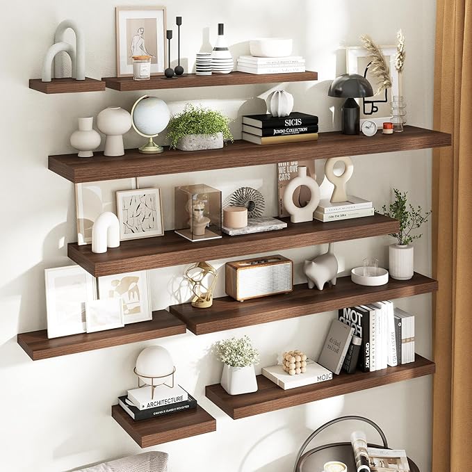 Floating Shelves for Wall with Invisible Brackets, Wall Mounted Engineered Wood Shelves with Wood Grain for Living Room, Bedroom, Bathroom, Kitchen Decor and Storage, Oak, 48"L Set of 2, Walnut
