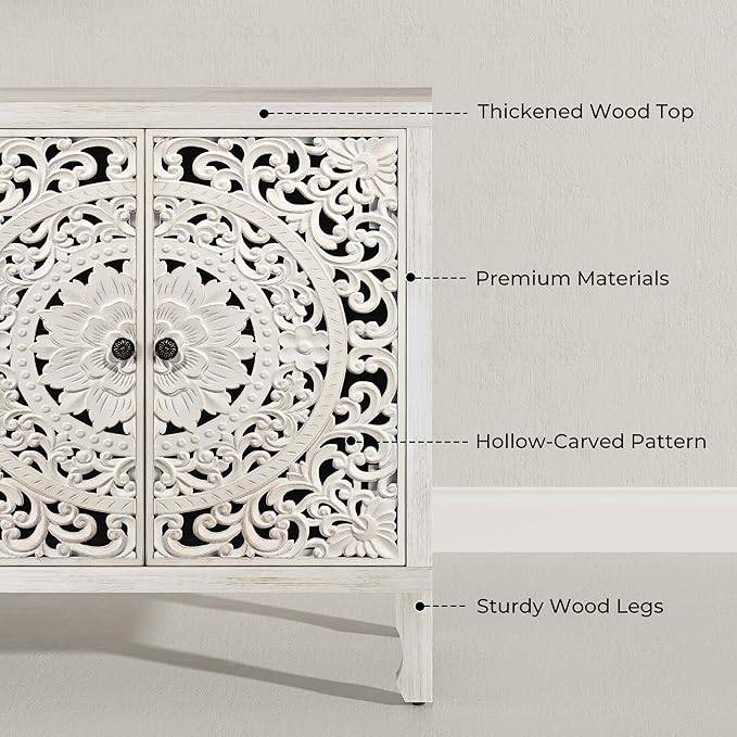 Buffet Cabinet with Storage, Accent Cabinet with 4 Carved Doors, Solid Wood Sideboard with Adjustable Shelf, White Vintage Cabinets for Kitchen, Living Room, Entryway
