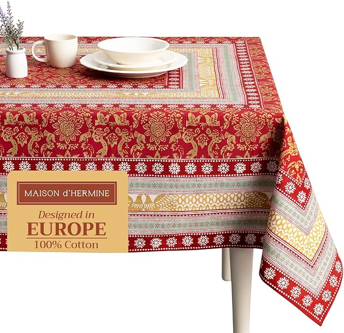 Maison d' Hermine Table Cloth Square Table 100% Cotton 60 x 60 Inches Fall Tablecloth Reusable Everyday Use for Thanksgiving Christmas Decorations Dining Farmhouse Party (Sofia)