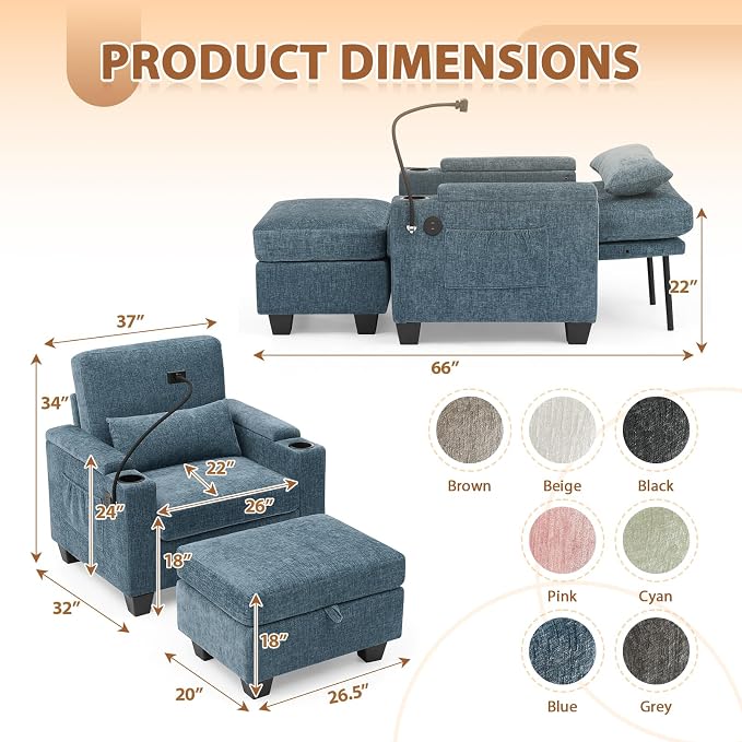 Oversized Chaise Lounge Chair Indoor, Single Convertible Recliner Reading Arm Sofa Chair W/Adjustable Backrest & Charging Port Couch Bed for Living Room, Home Theater & Bedroom, Blue