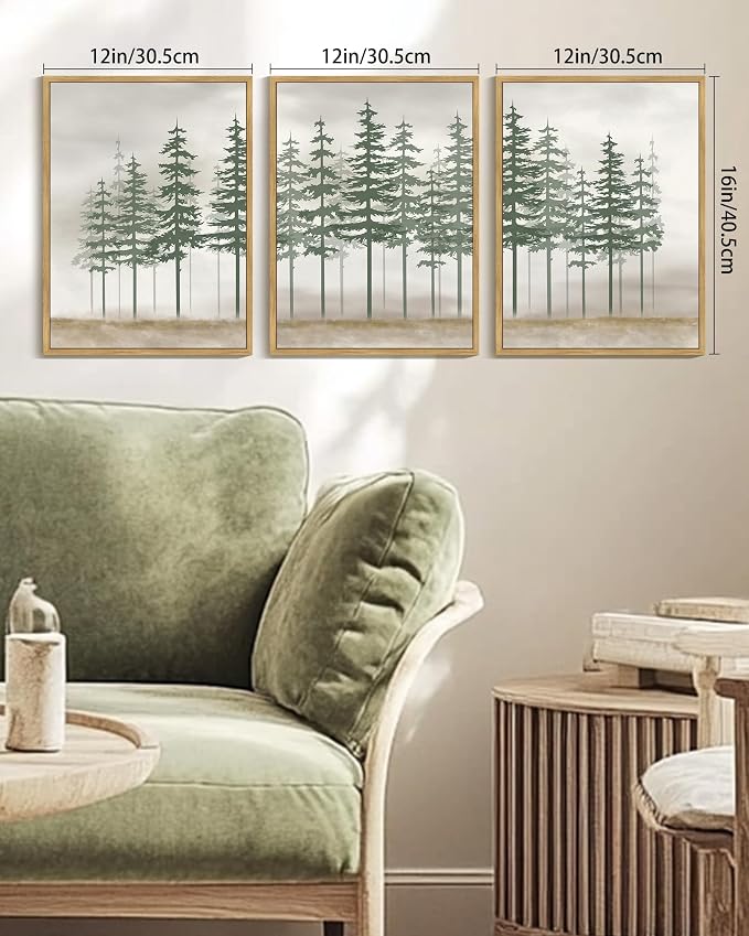KUVIOKE Green Foggy Misty Pine Tree Framed Canvas Wall Art Watercolor Nature Abstract Forest Wall Decor Rustic Minimalist Painting for Bedroom Dining Room 12x16in (Natural Framed)