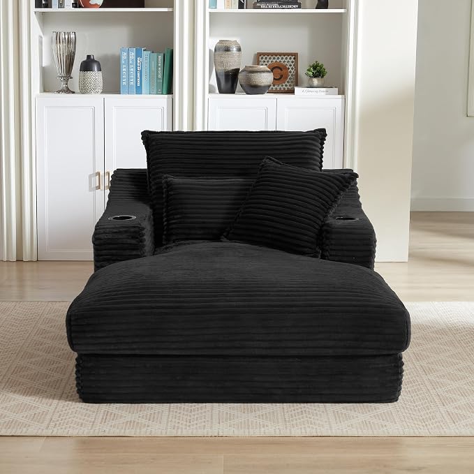 67" Oversized Chaise Lounge Chair Indoor, Boneless Cloud Couch with 3 Pillows, 2 Side Pockets and 2 Cup Holders, Corduroy Sleeper Sofa for Living Room Bedroom Reading Nook - Black | Breathable material
