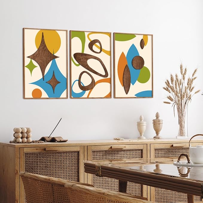 TOARTi 3PCS Framed 3D Mid Century Modern Wall Art Set(16x24inches), Vintage Abstract Geometric Modern Wall Decor, Boho Minimalist Illustration Artwork for Bedroom Bathroom Living Room